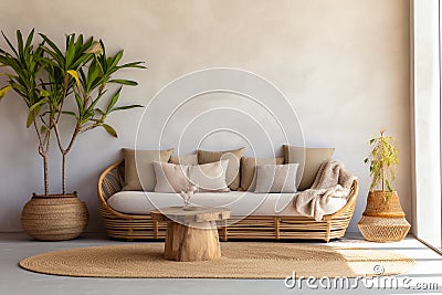 Modern boho interior. Neutral beige wall copy space. Monochrome empty room with minimalist table and beige sofa. Wall scene mockup Stock Photo