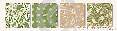 Modern botanical floral abstract set of seamless patterns , flowers and plants in trendy technique , green and beige. Design for Vector Illustration