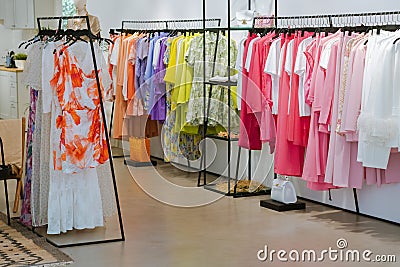 Modern boutique interior with stylish women's clothing Stock Photo