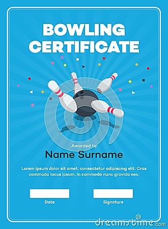 Modern bowling certificate with place for your content, scattered skittle and bowling ball Vector Illustration