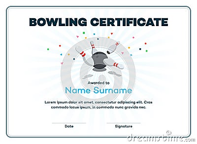 Modern bowling certificate with place for your content, scattered skittle and bowling ball Vector Illustration