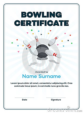 Modern bowling certificate with place for your content, scattered skittle and bowling ball Vector Illustration