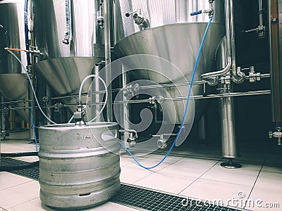 Modern brewery production steel tanks and pipes, machinery tools and vats. Fermentation of beer. Beer preparation, brewery Editorial Stock Photo
