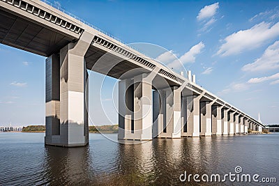 modern bridge, with towering columns and sleek design, spanning busy river Stock Photo