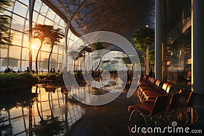 Modern bright airport departure hall with passengers waiting to board plane under the sun Stock Photo