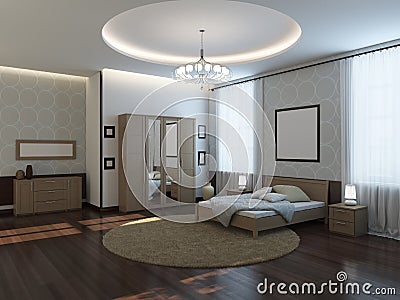 Modern Bright Bedroom Interior with Bed, Wardrobe with Mirror, Bedside Tables, Round Carpet, Dark Parquet Floor and Empty Frames o Stock Photo