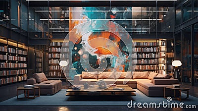 Modern bright book room interiors with art wallpaper Stock Photo