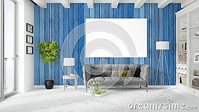 Modern bright interior with empty frame . 3D rendering Stock Photo