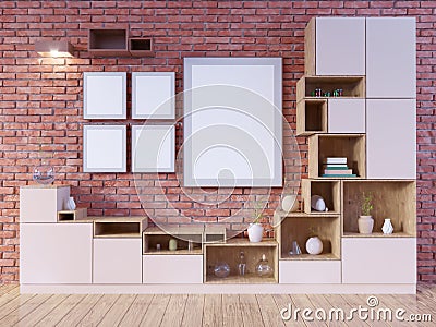 Modern bright interior with empty frame . 3D rendering. illustration Cartoon Illustration