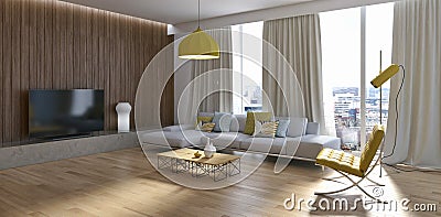 modern bright interiors apartment Living room 3D rendering illus Cartoon Illustration