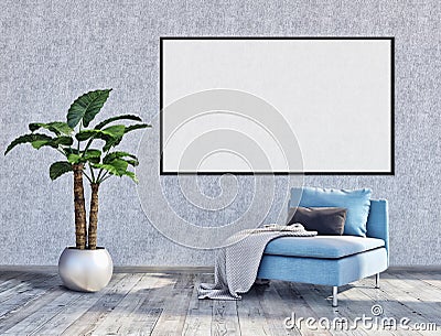 Modern bright interiors apartment with mock up poster frame illustration 3D rendering computer generated image Cartoon Illustration