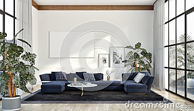 Modern bright interiors apartment with mock up poster frame illustration 3D rendering computer generated image Cartoon Illustration