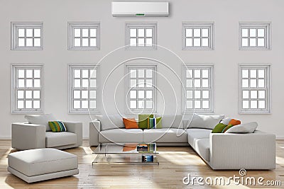 modern bright interiors Living room with air conditioning illustration 3D rendering computer generated image Cartoon Illustration