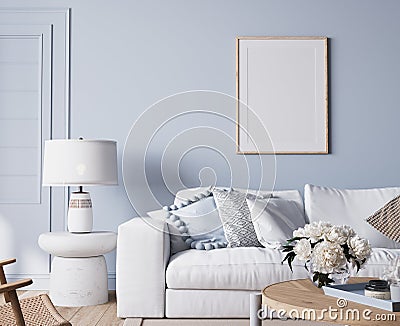 Modern bright living room in costal style, white sofa and wooden furniture on light blue wall background Stock Photo