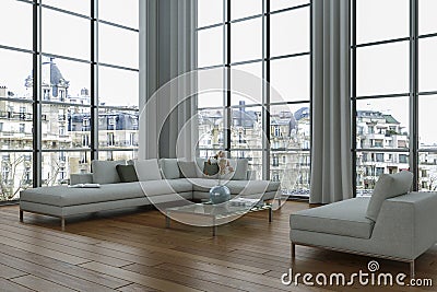 Modern bright loft with big Windows interior design Stock Photo
