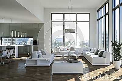 Modern bright loft with big Windows interior design Stock Photo