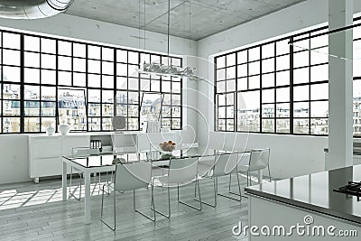 Modern bright loft with big Windows interior design Stock Photo