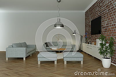 Modern bright skandinavian flat with stonewall interior design Stock Photo