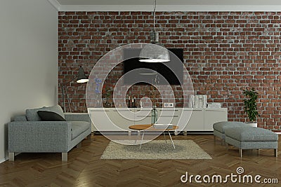 Modern bright skandinavian flat with stonewall interior design Stock Photo