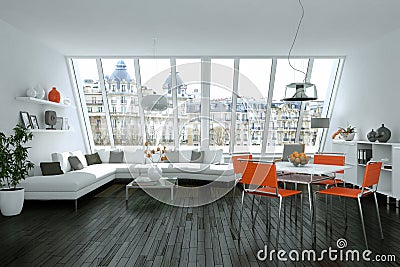 Modern bright skandinavian interior design with white sofa and orange chairs Stock Photo