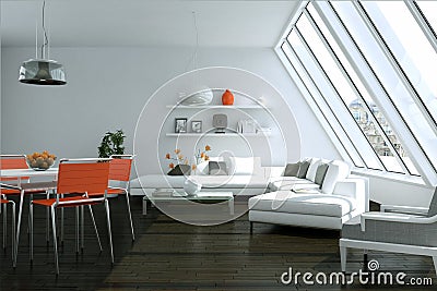 Modern bright skandinavian interior design with white sofa and orange chairs Stock Photo