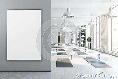 Modern bright white yoga studio gym interior with empty poster, window and city view. Mock up, Stock Photo