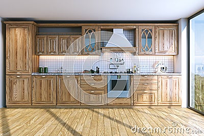 Modern bright wooden kitchen in villa on ocean island . 3D render Stock Photo