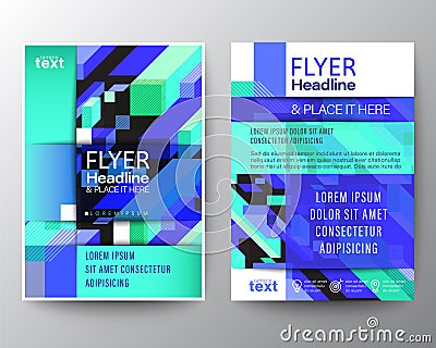 Modern brochure cover flyer poster layout vector template. Colorful blue neon isometric block background Vector Illustration