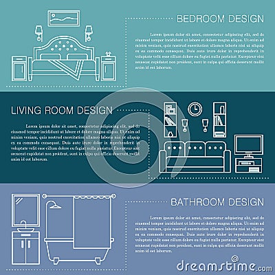 Modern brochure flyer design template with line interior icons. Bedroom, living room, bathroom vector illustrations Vector Illustration