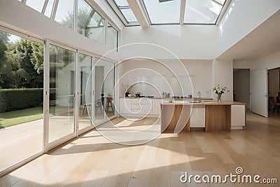 Modern Build Conservetory with Skylight window laminated flooring and bi-folding doors in London UK Stock Photo
