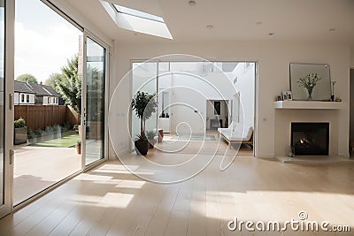 Modern Build Conservetory with Skylight window laminated flooring and bi-folding doors in London UK Stock Photo