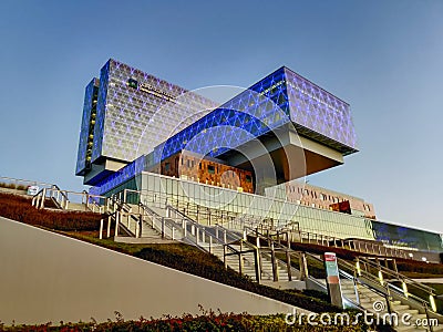 Modern building with beautiful lights | View of Al Maryah island landmarks in Abu Dhabi city | Cleveland Clinic Editorial Stock Photo