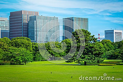 Modern building with green garden on blue sky background in Stock Photo