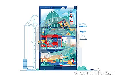 Modern building people live using city in phone. Vector Illustration