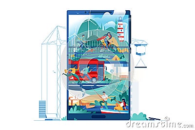 Modern building people live using city in phone. Cartoon Illustration