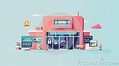 A modern building representing a digital business with secure cloud technology symbolized by the padlock cloud computing icon Stock Photo