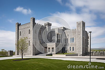 a modern building with sleek lines and minimal details contrasted against a classic castle with intricate carvings Stock Photo