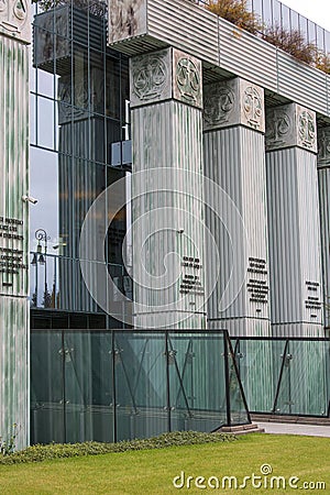 Modern building of Supreme Court of Poland, Columns of Law with sentences, Warsaw, Poland Editorial Stock Photo