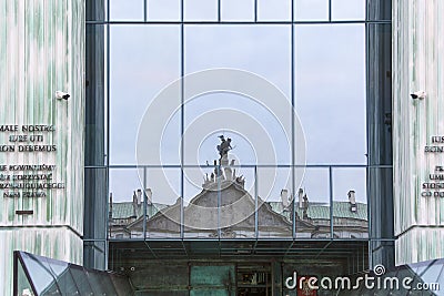 Modern building of Supreme Court of Poland, Columns of Law with sentences, Warsaw, Poland Editorial Stock Photo