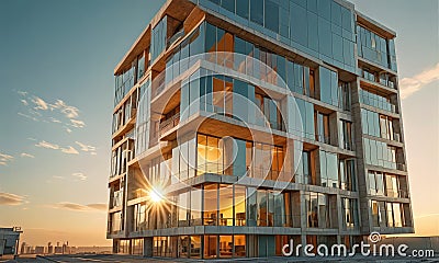 modern building with unique architectural design, featuring series stacked rectangular panels and large Stock Photo