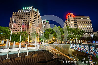 Modern buildings and metro station at night, in downtown Bethesda, Maryland Editorial Stock Photo