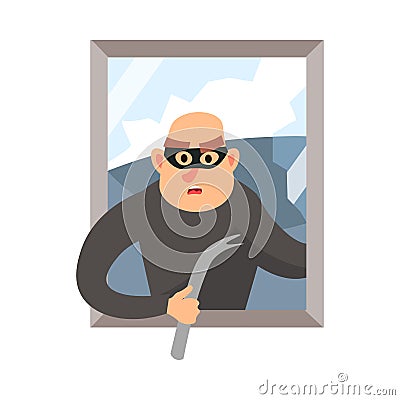 Modern burglar with black mask broken the house window Vector Illustration