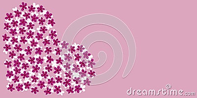 Modern Business card Design Template with heart made of fuchsia,white sakura flowers decoration on lilac background.Template of Stock Photo
