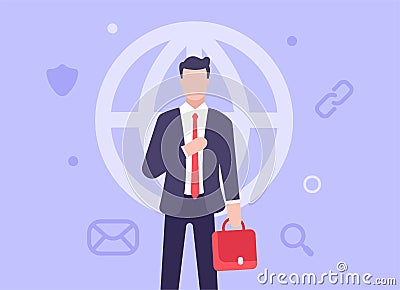 Modern business concept. A man in a business suit stands with a briefcase in his hands and straightens his jacket. Web banner. Cartoon Illustration