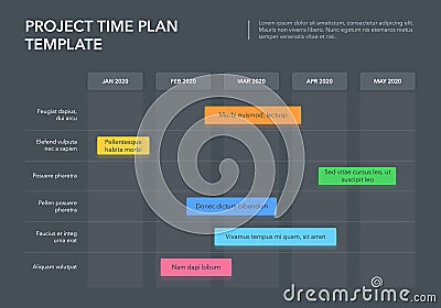 Modern business project time plan template with project tasks in time intervals - dark version Vector Illustration