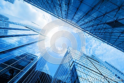 Modern business skyscrapers, high-rise buildings, architecture raising to the sky, sun Stock Photo