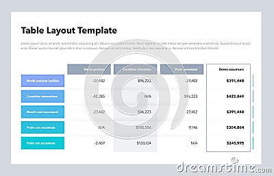 Modern business table layout template with the total sum column and place for your content Vector Illustration