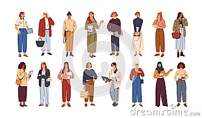 Modern business women set. Diverse businesswomen stand with mobile phones, laptop computers, notebooks, planners. Female Vector Illustration