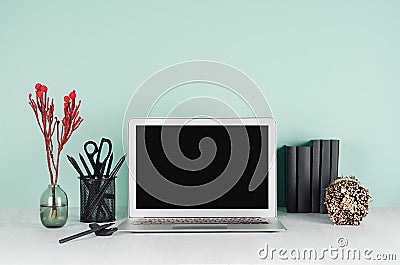 Modern business workplace with blank computer display, black stationery, books, sheaf of dry brown branches, red branch in green. Stock Photo