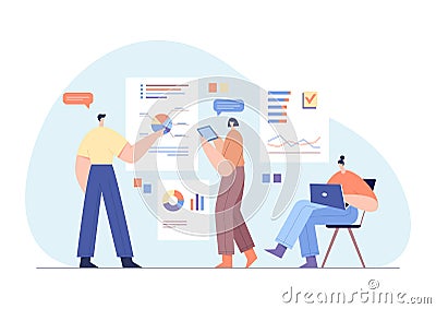 Modern businessmen characters interacting with charts and analysing statistics. Office work concept, team partnership. Flat vector Cartoon Illustration